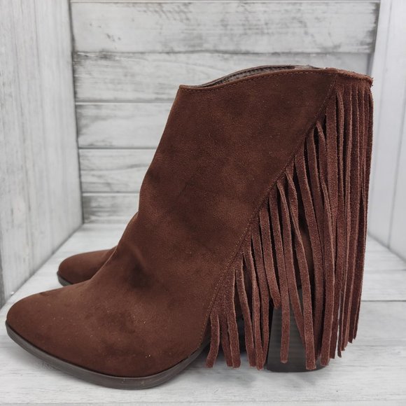 Madden Girl Shoes - MADDEN Girl SHAARE Suede Pointed Fringe Brown Ankle Boots Women Size 9.5